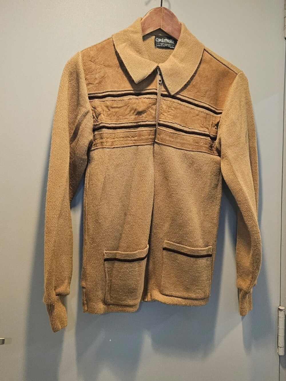 Men’s Tan Knit Zip-Front Jacket